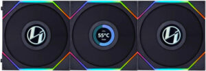 Lian Li Uni Fan TL 120 Case Fan, 1.6" LCD, 120mm Fan Size, 1900 RPM Fan Speed, 62 CFM Airflow, PA66 / PBT Materials, Fluid Dynamic Bearing, Triple Pack, W/ Controller, Black | G99.12TLLCD3B.00