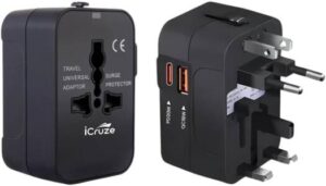iCruze Globaplug Universal Travel Adapter USB C, World Travel Power Plug With USB, All In One Travel Plug Adapter For EU/US/UK/AU Compatible With iPhone/Samsung, Black