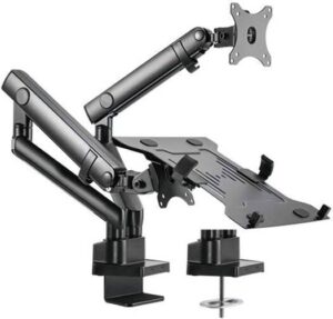 Skill Tech Aluminum Slim Mechanical Spring Monitor Arm with Integrated Laptop Holder, Suitable for 17 to 32-Inch Displays