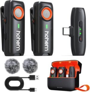 Hohem MIC-01 Lavalier Microphone for Android, Type-C, Plug-Play, DSP Noise Cancellation, 20H Working Time Wireless Lavalier Microphone, Wireless MIC for Interview,Volgs (2 TX + 1 RX + Charging Case)
