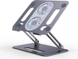 Porodo Adjustable Laptop Stand with Dual Cooling Fan, Foldable Aluminum Laptop Holder, Ergonomic Adjustable Laptop Riser, 30dB Quiet Operation - Gray