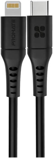 Promate 20W Ultra-Fast USB-C To Lightning Cable, 3x Speed 3A Fast Charging, 480Mbps High Speed Data Transfer, 25000+ Bend Test, Tangle Free, 200cm Length, Black | PowerLink-200