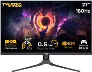Twisted Minds TM27QHD180IPS Blaze Series Gaming Monitor, 27" QHD IPS Display, 180Hz Refresh Rate, 0.5ms Response Time, HDR Ready, 16.7M Colors, Black | TM27QHD180IPS