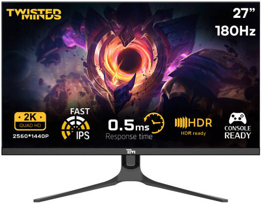 Twisted Minds TM27QHD180IPS Blaze Series Gaming Monitor, 27" QHD IPS Display, 180Hz Refresh Rate, 0.5ms Response Time, HDR Ready, 16.7M Colors, Black | TM27QHD180IPS