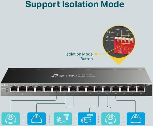 TP-Link 16-Port Gigabit Desktop Switch, 16× 10/100/1000 Mbps RJ45 Ports, Port Polarization, 120W PoE Budget, Up to 820 Transmission Distance, Isolation Mode & Priority Mode, Black | TL-SG116P - Image 5