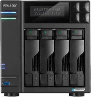 Asustor Lockerstor 4 Gen2 AS6704T 4-Bay NAS Enclosure, Intel Celeron N5105 2.0GHz CPU, 4GB SO-DIMM DDR4 Memory, 4x M.2 Drive Slots, 3.5"/2.5" SATA HDD, 2.5" SATA SSD & M.2 2280 NVMe, Black | AS6704T