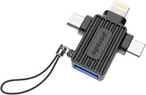 Porodo 3-In-1 OTG Adapter, USB-A to Type-C/Lightning Head/Micro USB, USB 2.0, Up to 480Mbps Data Transfer Speed, Plug & Play, Universal Compatibility - Black