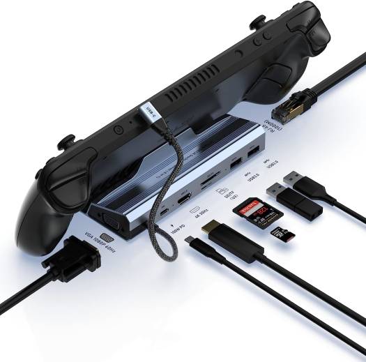 Generic 8 In 1 Docking Station, For Steam Deck, HDMI 4K@30Hz, Gigabit Ethernet, 2 USB-A 3.0 and Full Speed Charging USB-C Port, SD/TF Card 3/0, VGA 60. Hz, Gray | V254