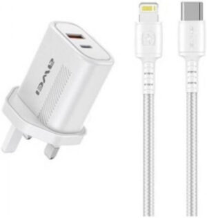 AWEI PD6 Super Fast Charging Combo, Adapter + Type-C/Lightning Data Cable, UK Pin, 1 Meter Cable Length, 18W PD, USB 2.0, Up to 480 Mbps, White | PD6 type -c