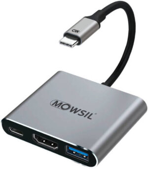 Mowsil USB-C Hub 3 in 1 (Type-C to USB,PD & HDMI) Adapter, Braided Cable, Aluminum Alloy with LED Light, Ultra Fast USB 3.0 Transmission, 9cm Cable, Gray | MOCHB3