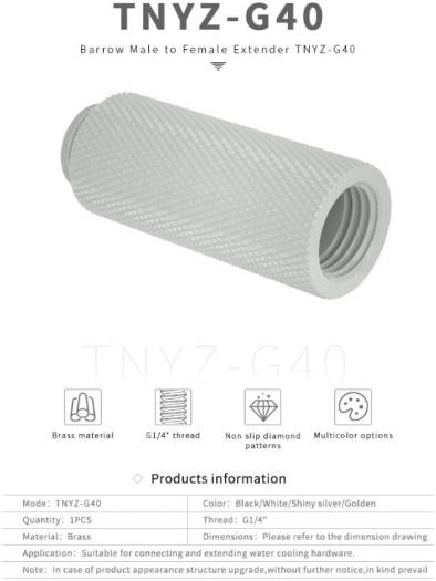 Barrow G1/4" Male to Female 40mm Extender Fitting, Brass Material, Suitable For Connecting and Extending Water Cooling Hardware, Anti Skid Design, White | TNYZ-G40-WH - Image 2